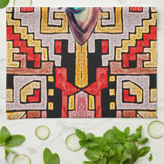 目の付いた幾何学族/民族模様 キッチンタオル (折り畳み)