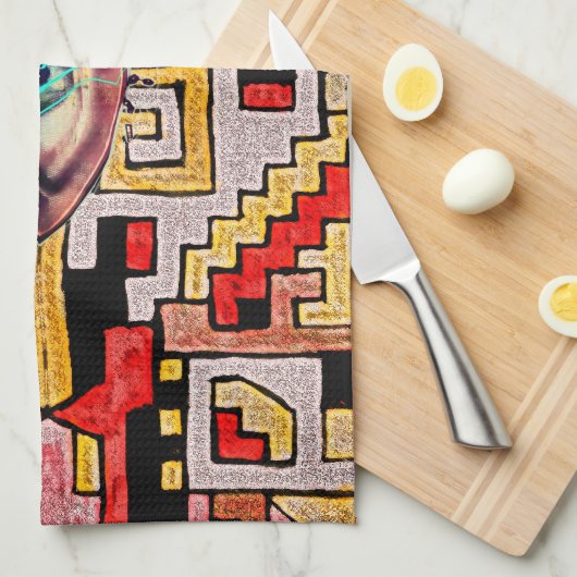 目の付いた幾何学族/民族模様 キッチンタオル (四つ折り)