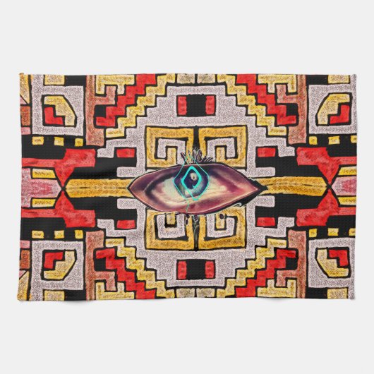 目の付いた幾何学族/民族模様 キッチンタオル (横)