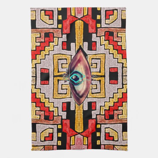 目の付いた幾何学族/民族模様 キッチンタオル (縦)