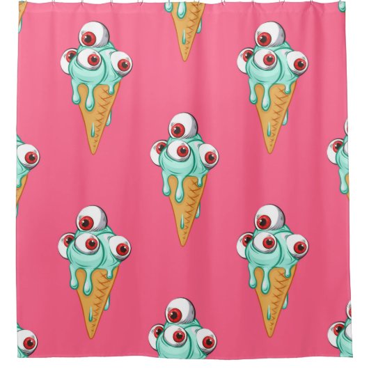 目の付いた青いアイスクリーム。ピンクの背景。シームルズ シャワーカーテン (正面)