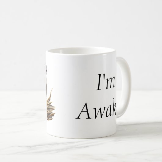 目の大きいフクロウ私は目覚めたマグカップ コーヒーマグカップ (正面右)