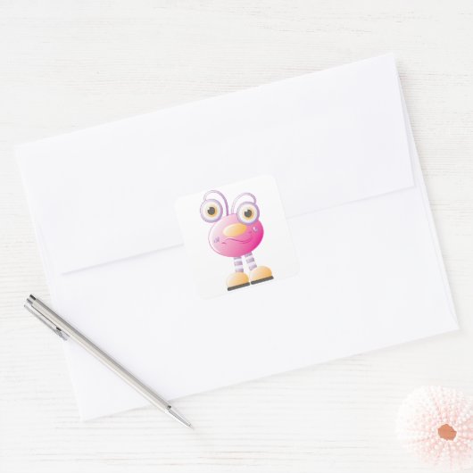 目の大きい可愛らしいピンクのエイリアン スクエアシール (封筒)