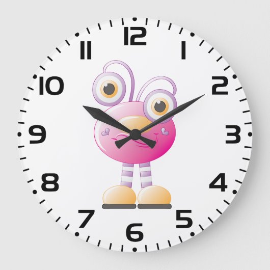 目の大きい可愛らしいピンクのエイリアン ラージ壁時計 (正面)