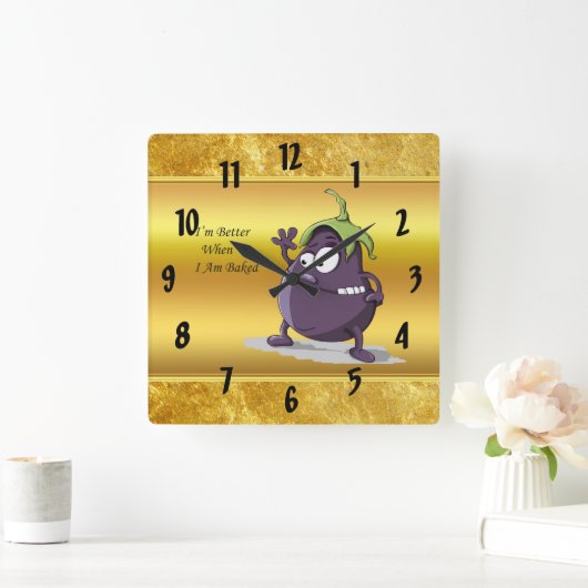 目の大きい緑の毛をした漫画のナス スクエア壁時計 (ホーム)