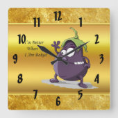 目の大きい緑の毛をした漫画のナス スクエア壁時計 (正面)