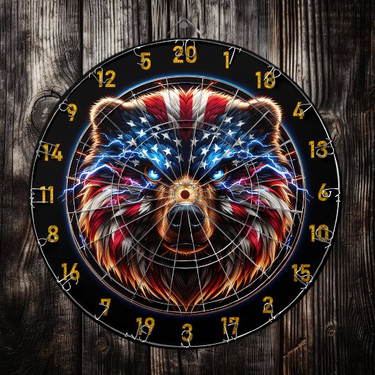 目の燃えるような白熱［赤熱］光を放つクマ ダーツボード