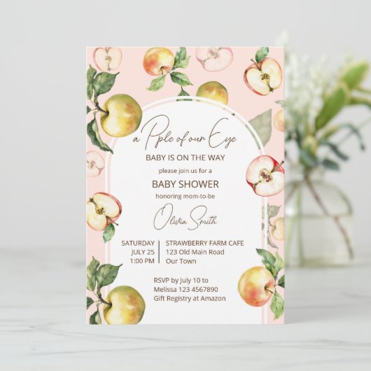 目の赤ちゃんシャワーのかわいいリンゴ 招待状 (スタンド正面)
