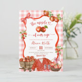 目の赤ちゃんシャワーのコケット赤い格子状のリンゴ 招待状 (スタンド正面)