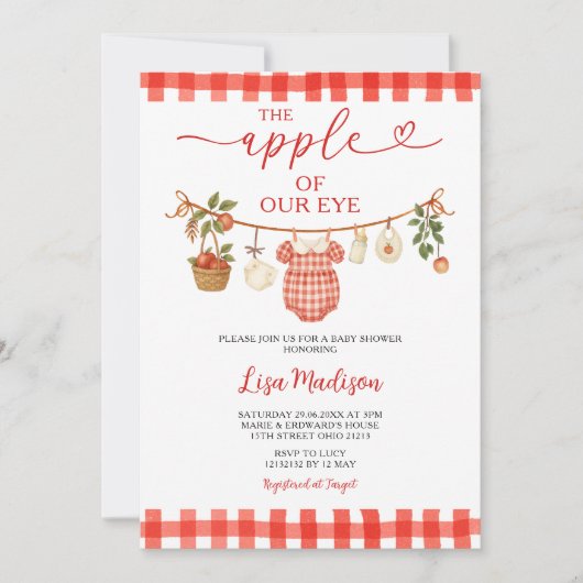 目の赤ちゃんシャワーの物干しリンゴ 招待状 (正面)