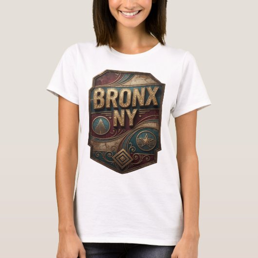 目を引くゴールドBRONX+NYスローガンTシャツ Tシャツ (正面)