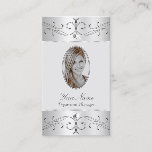 目を引くシルバーグレイ華美オーナメントにフォートを追加 名刺 (正面)