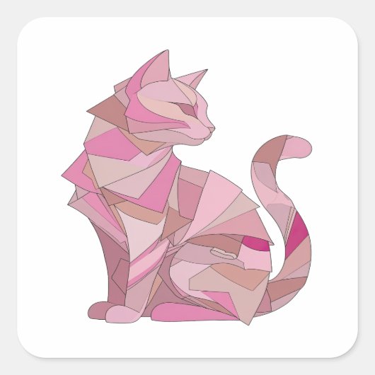 目を引くシルバー PINK 幾何学模様のネコ ステッカー (正面)
