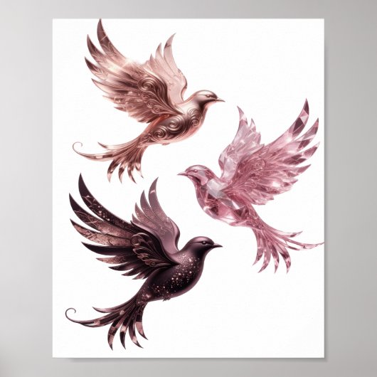目を引くシルバーTHREE+PINK+BIRDSデザイン ポスター (正面)