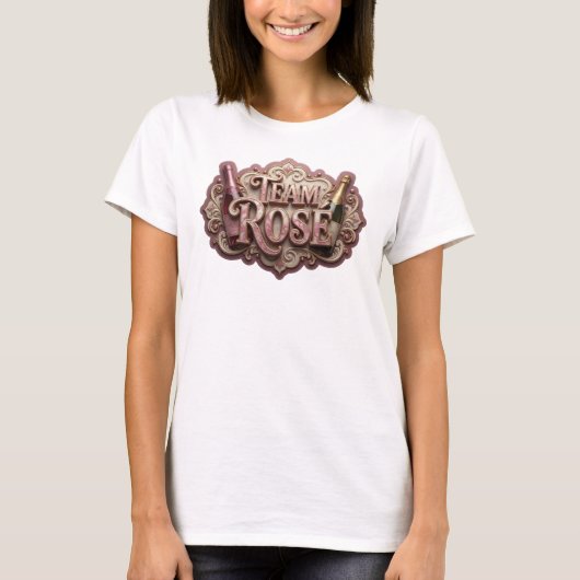 目を引くピンクのTEAM ROSEプリント Tシャツ (正面)
