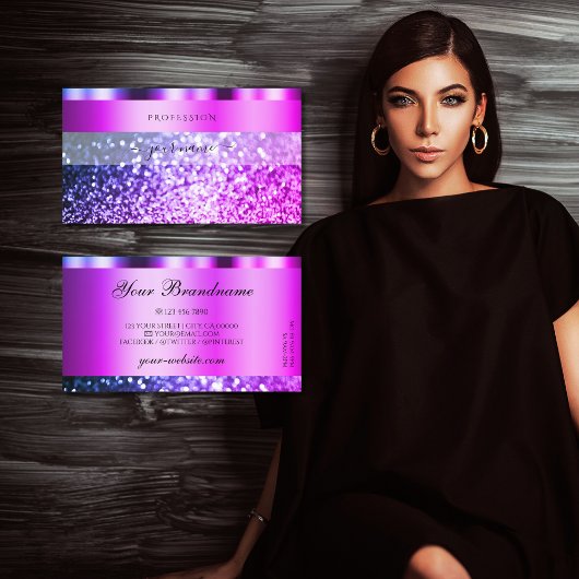 目を引くピンクパープルスパークルグリッター派手 名刺