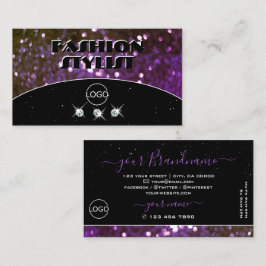 目を引くブラックパープルスパークルグリッター追加ロゴ 名刺
