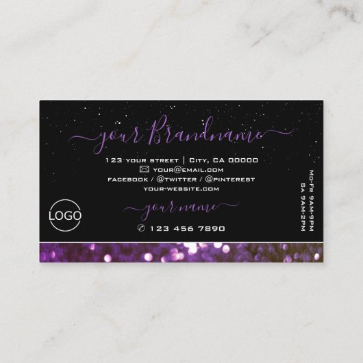 目を引くブラックパープルスパークルグリッター追加ロゴ 名刺 (裏面)
