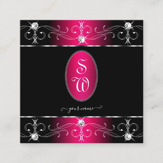 目を引くブラックピンク華美オーナメントイニシャル スクエア名刺 (正面)