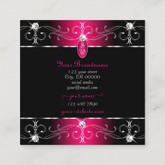 目を引くブラックピンク華美オーナメントイニシャル スクエア名刺 (裏面)