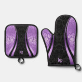 目を引くプリン黒ダマスクダイナミックラインオーブン 鍋つかみ&鍋敷きセット (正面)