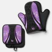 目を引くプリン黒ダマスクダイナミックラインオーブン 鍋つかみ&鍋敷きセット (正面/裏面)