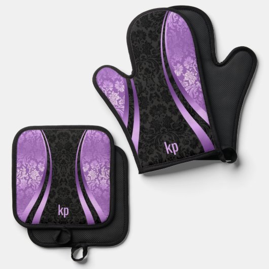 目を引くプリン黒ダマスクダイナミックラインオーブン 鍋つかみ&鍋敷きセット (正面/裏面)