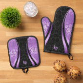 目を引くプリン黒ダマスクダイナミックラインオーブン 鍋つかみ&鍋敷きセット (トップダウン)