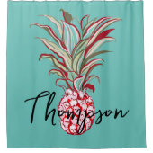 目を引くモノグラムのスクリプトモダンパイナップルブルー シャワーカーテン (正面)