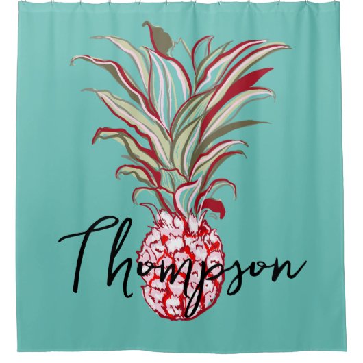 目を引くモノグラムのスクリプトモダンパイナップルブルー シャワーカーテン (正面)