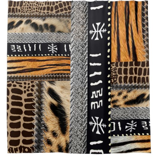 目を引く動物の模型による幾何学模様 シャワーカーテン (正面)