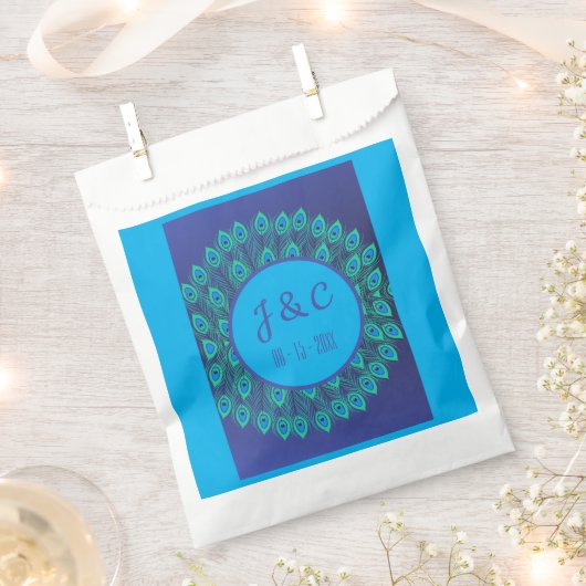 目を引く模様の青緑色の孔雀の羽 フェイバーバッグ (クリップ留めされた状態)