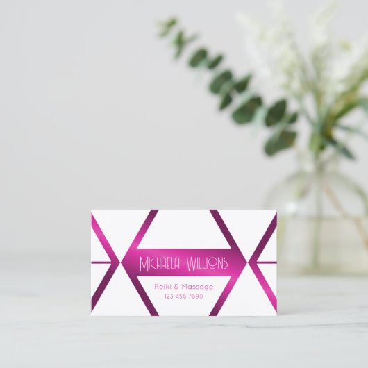目を引く白い幾何学的な輝きピンクモダン色 名刺 (スタンド正面)