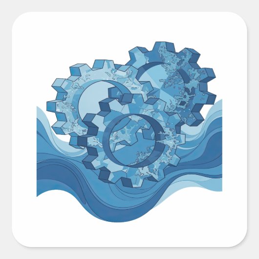 目を引く青いWATER POWERED GEARラベルデザイン スクエアシール (正面)