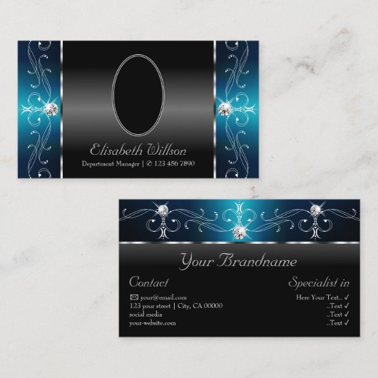 目を引く黒いティール（緑がかった色）の角が付いた宝石の追加の写真 名刺 (正面/裏面)