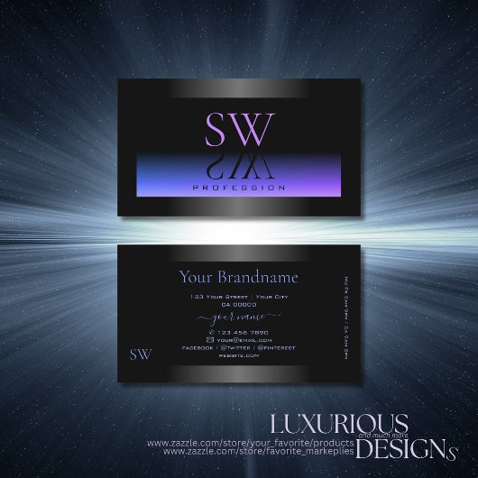 目を引く黒い青とピンクのグラデーションのモノグラム 名刺