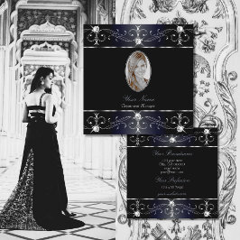 目を引く黒い青の華美オーナメント写真を追加 スクエア名刺