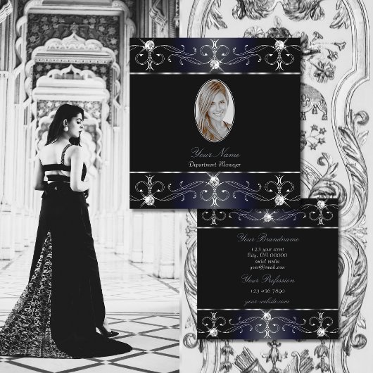 目を引く黒い青の華美オーナメント写真を追加 スクエア名刺