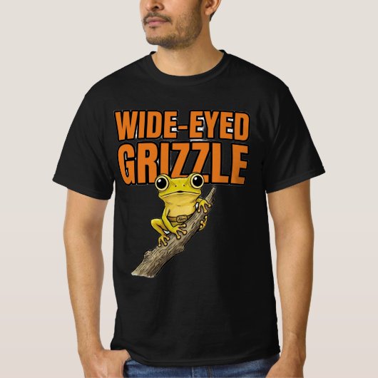 目を見開いたグリズルグリーンのカエル Tシャツ (正面)