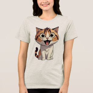 目を見開いた興奮した子猫のキャラクター トライブレンドTシャツ