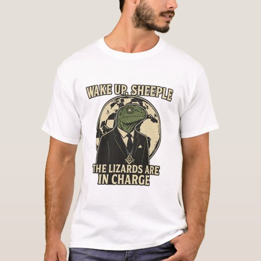 目を覚ませ、羊たちよ！爬虫類支配者のパロディ Tシャツ (正面)