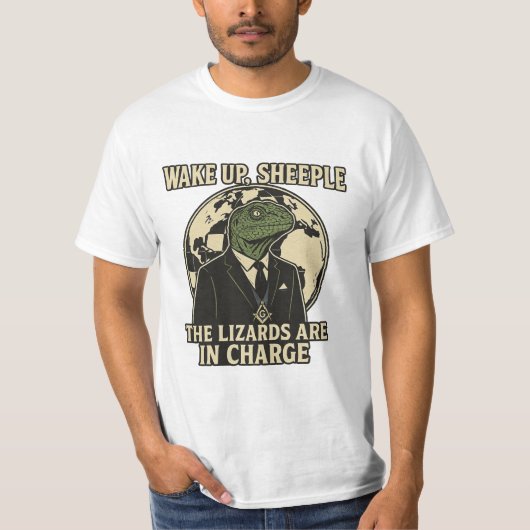 目を覚ませ、羊たちよ！爬虫類支配者のパロディ Tシャツ (正面)