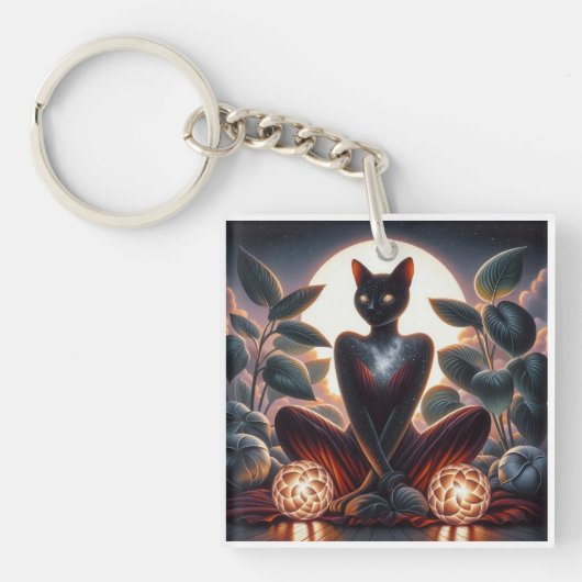 目を超えた宇宙白熱［赤熱］光を放つ黒猫 キーホルダー (正面)
