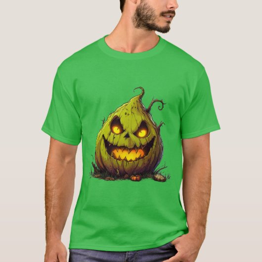 目不気味付きジャックオランタンパンプキ白熱［赤熱］光を放つン Tシャツ (正面)