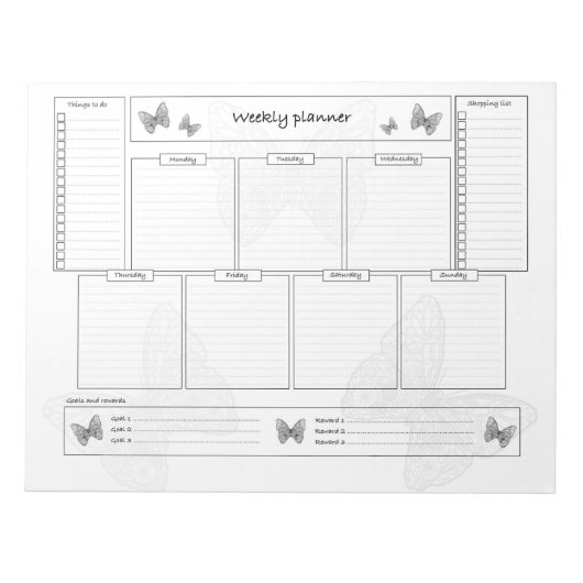 目標と買い物リスト付きの週間プランナー ノートパッド (正面)