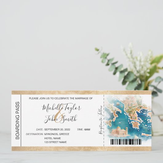 目的地のウェディングボーディングパスギリシャ 招待状 (スタンド正面)
