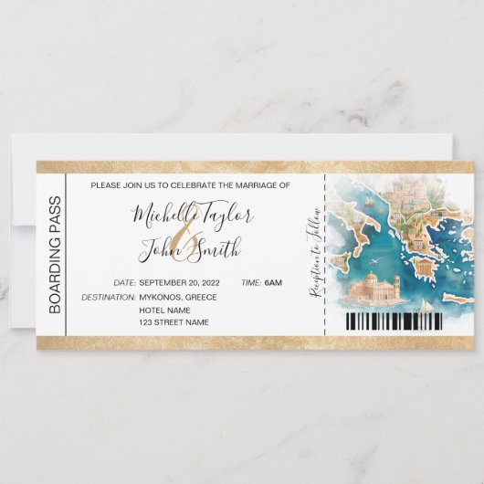 目的地のウェディングボーディングパスギリシャ 招待状 (正面)