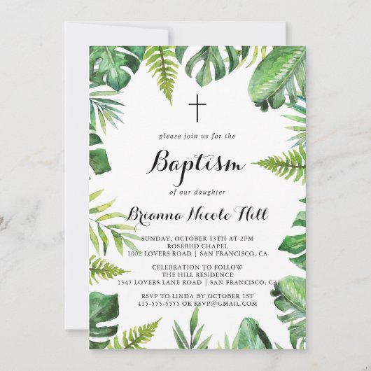 目的地の熱帯の緑の書道の洗礼 招待状 (正面)