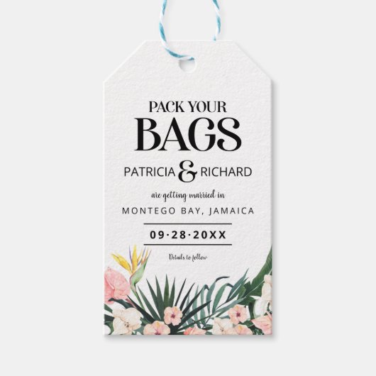 目的地の熱帯結婚式の日付を保存 ギフトタグ (正面)