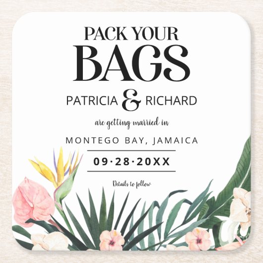 目的地の熱帯結婚式の日付を保存 スクエアペーパーコースター (正面)